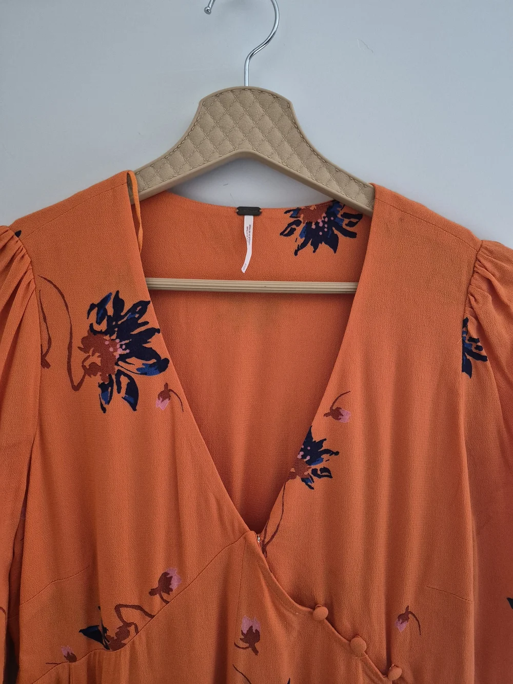 New Free People Orange Floral Wrap Front Bell Sleeve Swing Dress XS